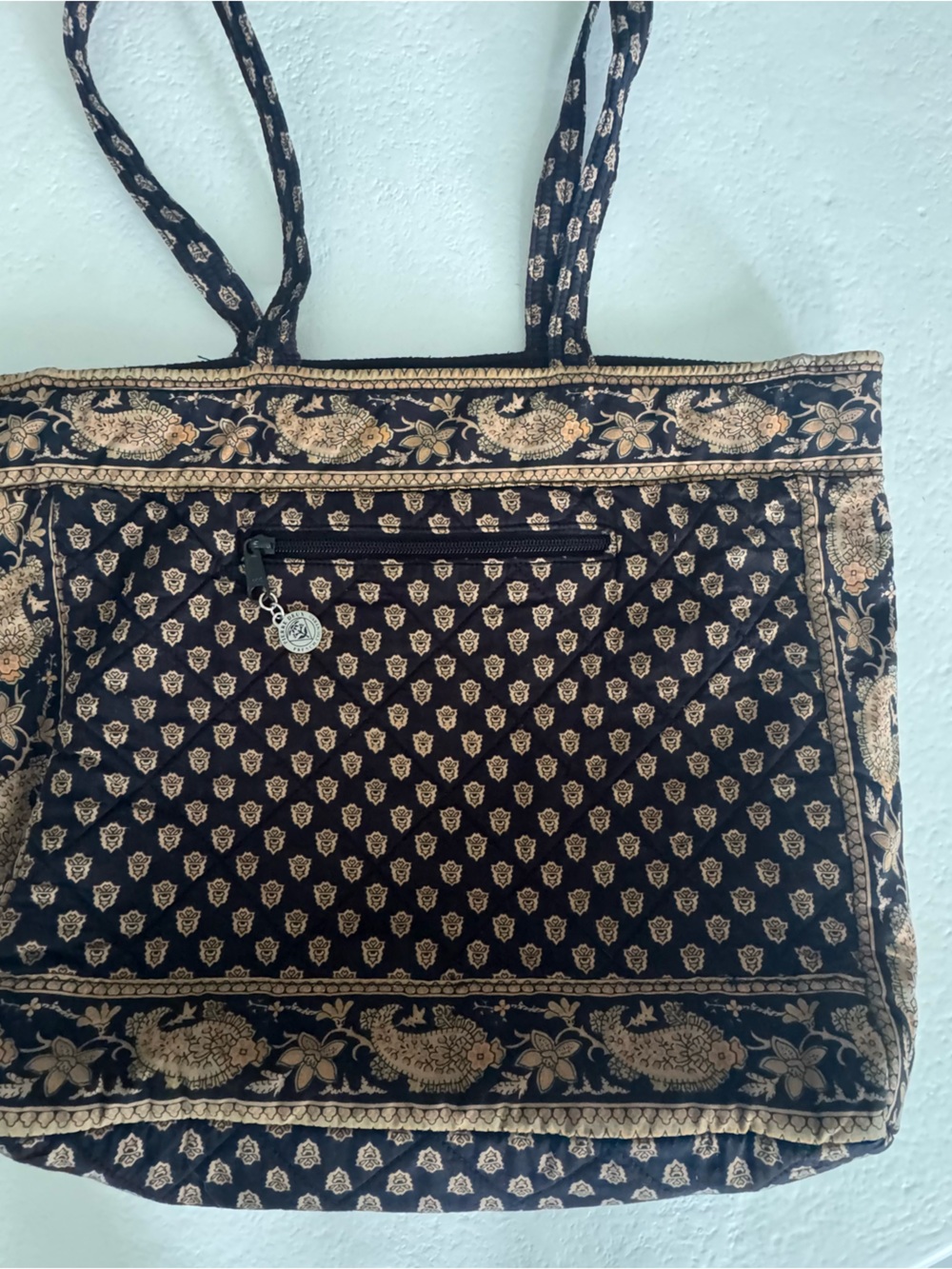 Pierre Deux Black and Gold Floral Quilted Tote Bag - Women's Carryall
